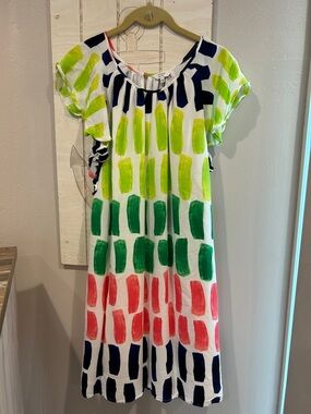 crown & ivy Women’s Brushstroke Pattern Dress - White, Lime, Green, Coral & Navy